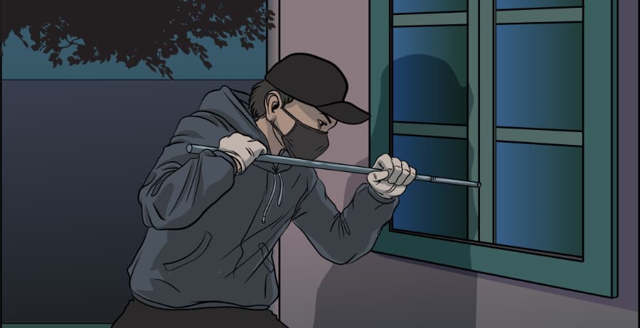 Illustration of burglar forcing entry through a window in Springfield